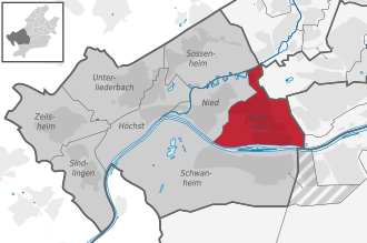 Carte situant le quartier (en rouge) au sein l'arrondissement (en gris foncé) et du reste de la ville (en gris clair)