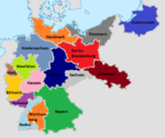 The initial 16 districts of the Gauliga with Nordmark in orange at the top of the map