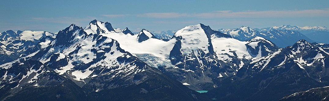 The Joffre Group: Joffre Peak (left), Mt. Matier (highest), Hartzell, Spetch, Slalok Mountain, Tszil, and Mt. Taylor (farthest right)