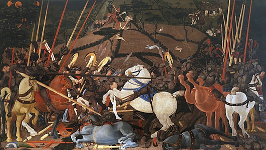 Niccolò Mauruzi da Tolentino desmonta a Bernardino della Carda[1]​ en la batalla de San Romano (c. 1435–1455), 182 × 320 cm, Galería Uffizi de Florencia.