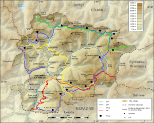 Carte des refuges et sentiers de randonnée en Andorre incluant le port de Rat permettant de rejoindre le pic.