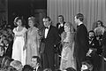 President Richard Nixon with First Lady Pat Nixon and daughters Julie and Tricia speaking at his inaugural ball in the Museum of History and Technology, now the National Museum of American History, January 20, 1973.