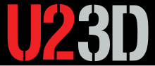 A wordmark logo in a stencil-like typeface with "U2" in red and "3D" in silver in front of a black background.