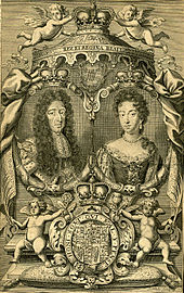 Engraving depicting the king, queen, throne, and arms