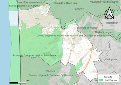 Carte des ZNIEFF de type 1 sur la commune.