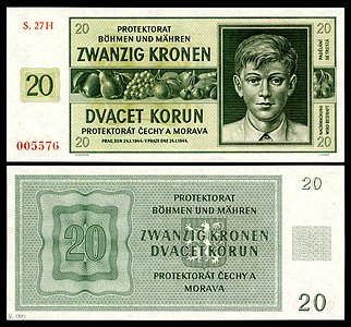 Twenty Bohemian and Moravian koruna, by the National Bank for Bohemia and Moravia