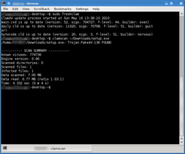 Interfaccia testuale di ClamAV 0.96: aggiornamento definizioni dei malware, scansione di un file ed identificazione di un trojan.