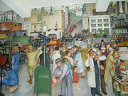 A scene of city life, including a robbery on the bottom right, and a car accident in the center. (Victor Arnautoff, City Life  9 )