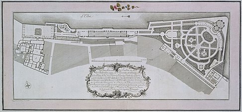 Plan der Brühlschen Terrasse in Dresden 1761. a–d) Palais, f) Bibliothek, g) Gartensaal, h) Bildergalerie, i) Ruine des Belvedere