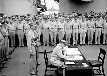 Douglas MacArthur signs the Japanese Instrument of Surrender, by the United States Navy