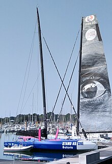 Vu de profil, voilier bleu et blanc à dérives droites, amarré au ponton.