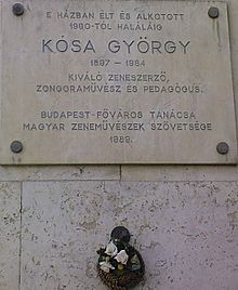 Description de l'image Kósa György zeneszerző emléktáblája XII kerület Maros utca 28.jpg.