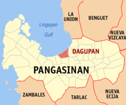 Map of Pangasinan with Dagupan highlighted