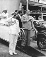 President Roosevelt and his Naval Aide, Captain Daniel J. Callaghan, disembarking from USS Tuscaloosa at Gatun Locks, Panama, on February 18, 1940.