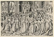 Engraving by Israhel van Meckenem, c. 1490. The diners and execution are background scenes.