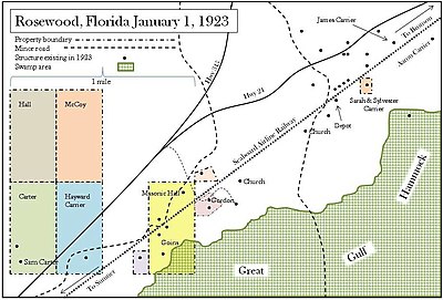 A color digital map of the town of Rosewood marking the structures that stood on January 1, 1923, and the Seabord Air Line Railway