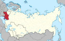 Location of the Ukrainian SSR (red) within the Soviet Union (red and light yellow) between 1956 and 1991