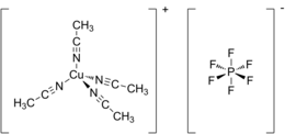 Structural formulas of the tetrakis(acetonitrile)copper(I) cation and the hexafluorophosphate anion