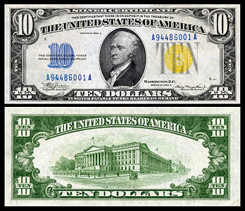 Ten-dollar silver certificate from the series of 1934-A, by the Bureau of Engraving and Printing