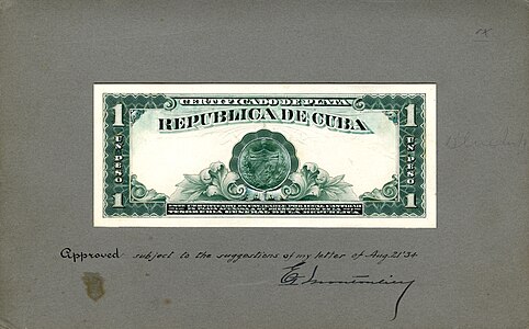 One-peso silver certificate from the 1936 series, progress proof reverse, by the Bureau of Engraving and Printing