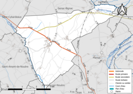 Carte en couleur présentant le réseau hydrographique de la commune