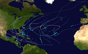 Tracks of about 28 tropical storms, including 15 hurricanes, cluster in the Caribbean and Gulf of Mexico, with some scattered in the Atlantic. Seven hurricanes are major, and most of them make landfall on the U.S. Gulf coast.