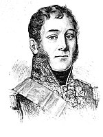 Black and white drawing shows a clean-shaven man with long sideburns. He wears a high-collared military uniform with many awards.