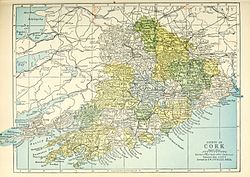 Barony map of County Cork, 1900; Condons and Clangibbon barony is in the northeast, coloured peach.