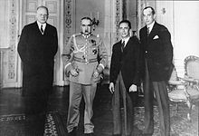 German ambassador, Hans-Adolf von Moltke, Polish leader Józef Piłsudski, German propaganda minister Joseph Goebbels and Józef Beck, Polish Foreign minister meeting in Warsaw on June 15, 1934, five months after signing the Polish-German Non-Aggression Pact.