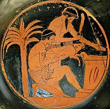 Two men sacrificing a pig to Demeter. Red-figure pot, Ancient Greece