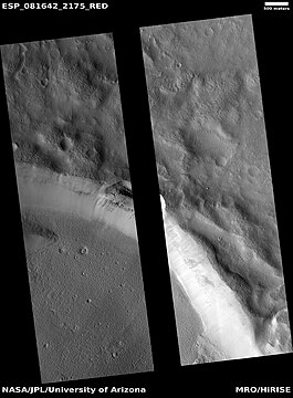 Type of landslide called a slump along crater wall, as seen by HiRISE under HiWish program Black strip is due to data not collected there.