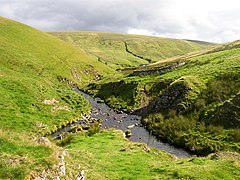 Usway Burn junction with Clay Burn (left). Sheepfold and Yarnspath Law in background