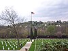 A row of white grave markers on the left and right of a stone walkway with a large American flagpole in the center
