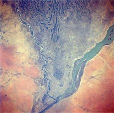 Le confluent des 2 Nils en février 1995, en vue satellitaire Landsat, lors de l'étiage du Nil Bleu (venant d'en haut à gauche), découvrant ses nombreux bancs de sable.