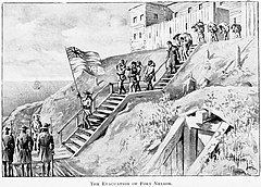 La garnison anglaise d’Henry Bayley évacuant le fort avec les honneurs de la guerre le 13 septembre 1697.
