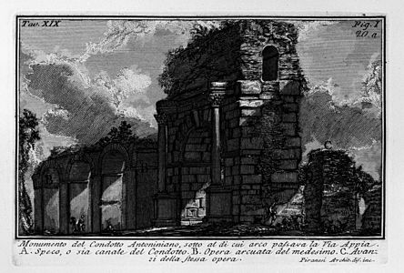 Gravura de Piranesi (1756) mostrando o Arco de Druso com o canal da Água Márcia por cima.