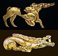 Image 54Scythian golden deer shield ornaments from the Iron Age 6th century BC found in Hungary. Above, the Golden Deer of Zöldhalompuszta is 37 cm, making it the largest Scythian golden deer known. Below, the Golden Deer of Tapiószentmárton. (from History of Hungary)