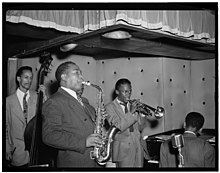 Jordan (seated), in the Charlie Parker Quintet at the Three Deuces in 1947. (photo William P. Gottlieb)