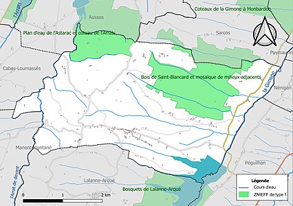 Carte des ZNIEFF de type 1 sur la commune.