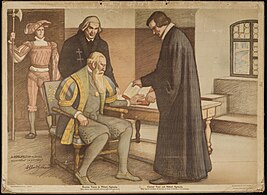 Educational poster of Agricola handing Se Wsi Testamenti, the Finnish translation of the New Testament, to Gustav Vasa by Albert Gebhard [fi]