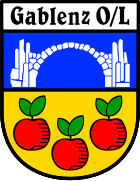 The Rakotz Bridge and apples (Upper Sorbian: jabłučina or jabłoń) in the coat of arms of Gablenz.