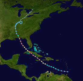 Map plotting the storm's track and intensity, according to the Saffir–Simpson scale