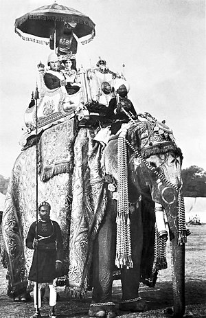 מושל הודו ג'ורג' נתניאל קרזון ורעייתו על גבי פיל במעמד רשמי בדלהי, 1902.