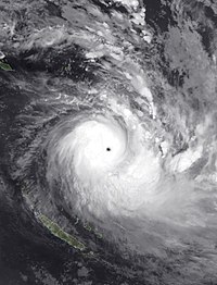 Infrared satellite image of Harold featuring a clear eye and a large rainband to its south