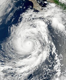 A photograph of a powerful hurricane off the Pacific coast of Mexico. The eye is cloud-covered but well-defined and surrounded by a thick ring of intense convection. There are several pronounced rainbands spiraling out from the center of the hurricane, separated from each other by a couple arcs of thinner/lower clouds.