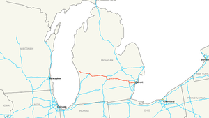 I-96 runs west-northwest to east-southeast across the Lower Peninsula of Michigan