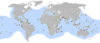 Distribución de C. mydas. Los círculos rojos son sitios importantes de cría. Los círculos amarillos representan ubicaciones de menor importancia.