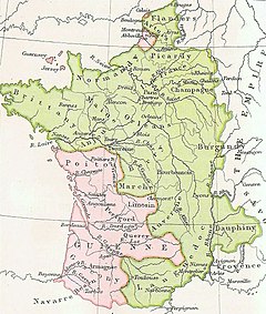 A map of Medieval France showing the territory ceded to England at the Treaty of Brétigny