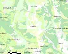 Carte élémentaire montrant les limites de la commune, les communes voisines, les zones de végétation et les routes