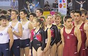 Photo couleur de gymnastes en tenue, alignés sur plusieurs lignes